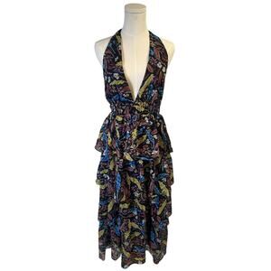 Meet Me in Santorini Floral Tiered Ruffle Halter Midi Dress Medium Whimsygoth